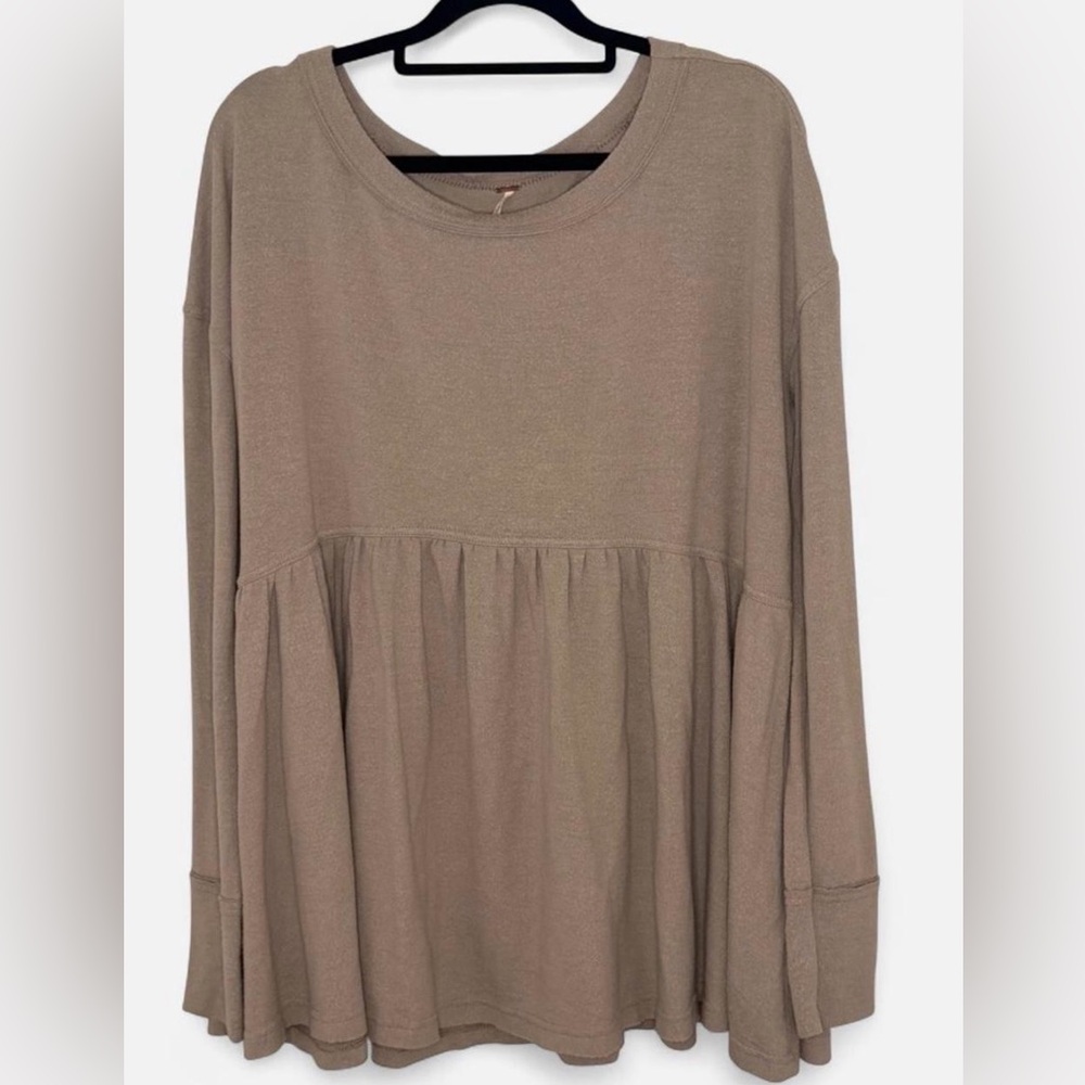 Free People North Pole Babydoll Long Sleeve Top - Taupe / Mushroom - Size M
